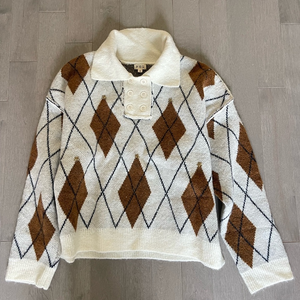 POL Women's Cowl Neck Argyle Sweater - Cream and Brown